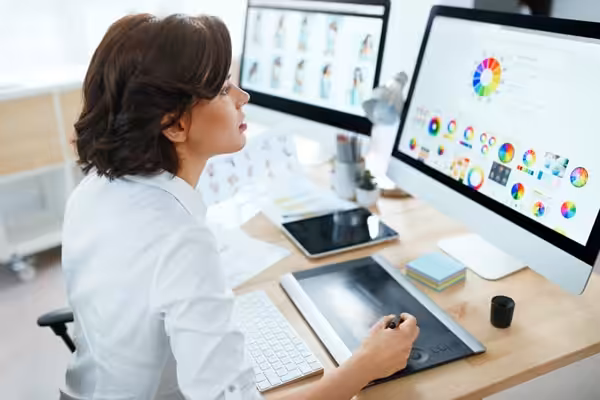 A person sits at a computer and reviews logo color theory.